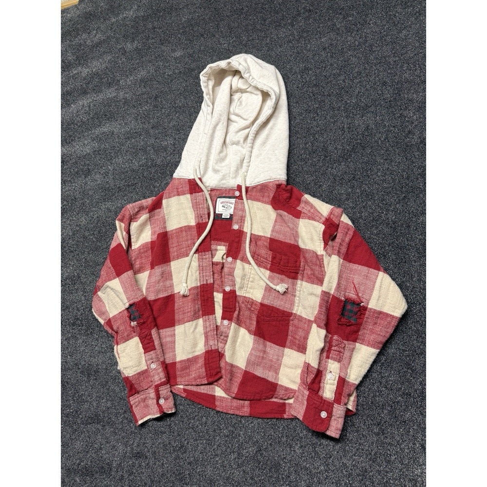 American‎ Eagle Red Buffalo Plaid Hooded Flannel Button Up Crop Shirt Size Small